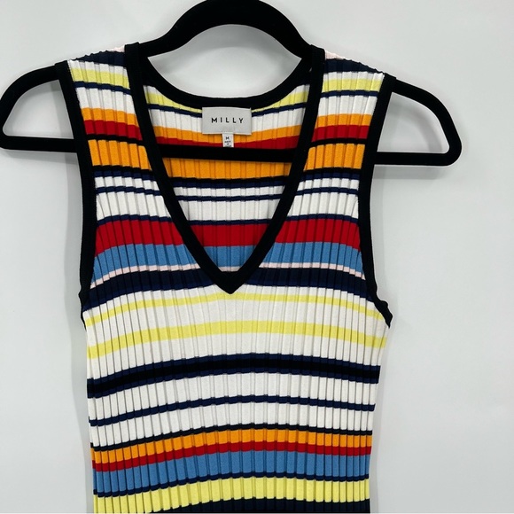 Milly Directional Pop Stripe Bodycon Mini Dress Sleeveless Knit Asymmetrical M - Picture 4 of 11